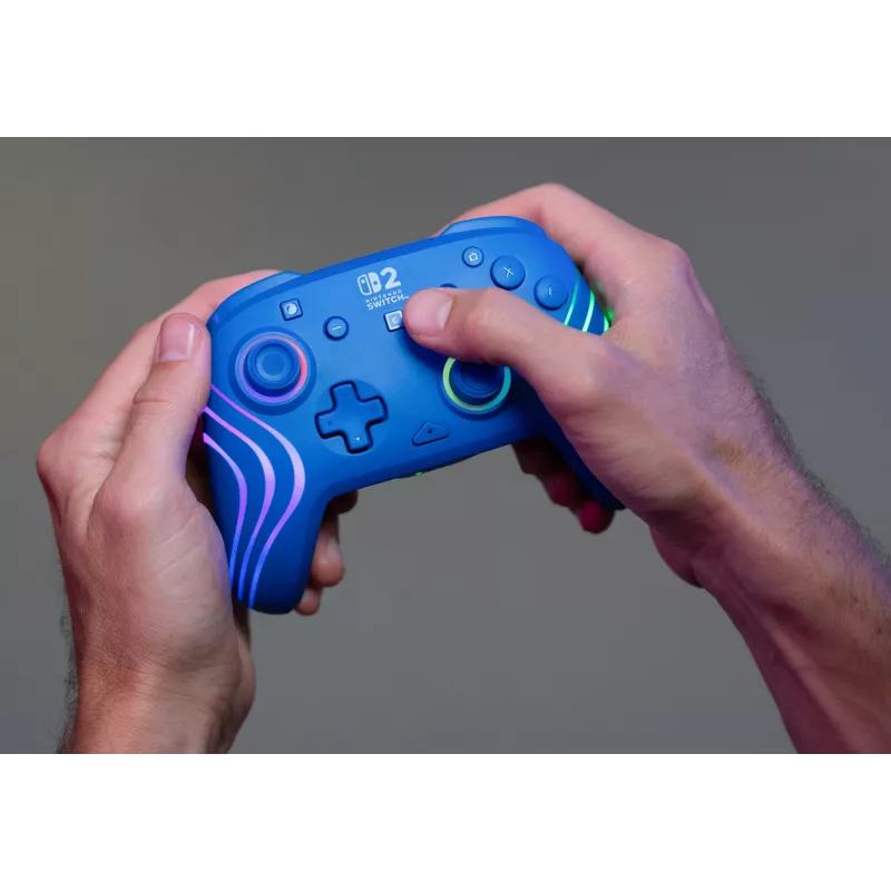 Przewodowy i bezprzewodowy gamepad Turtle Beach Afterglow Wave niebieski dla Nintendo Switch 2 — Bluetooth/USB-C, RGB, wbudowana bateria 20h, kabel 3 m