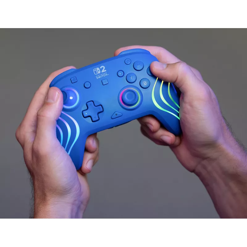 Przewodowy i bezprzewodowy gamepad Turtle Beach Afterglow Wave niebieski dla Nintendo Switch 2 — Bluetooth/USB-C, RGB, wbudowana bateria 20h, kabel 3 m