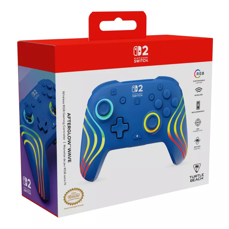Przewodowy i bezprzewodowy gamepad Turtle Beach Afterglow Wave niebieski dla Nintendo Switch 2 — Bluetooth/USB-C, RGB, wbudowana bateria 20h, kabel 3 m