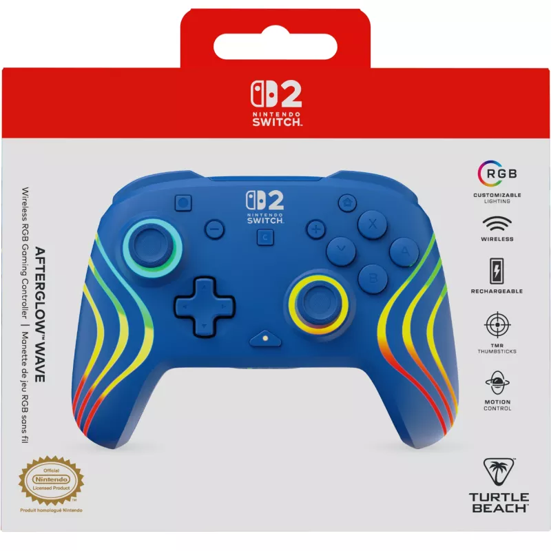 Przewodowy i bezprzewodowy gamepad Turtle Beach Afterglow Wave niebieski dla Nintendo Switch 2 — Bluetooth/USB-C, RGB, wbudowana bateria 20h, kabel 3 m