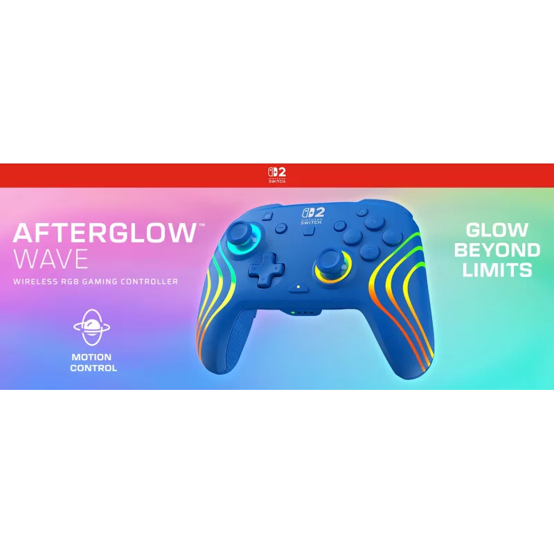 Przewodowy i bezprzewodowy gamepad Turtle Beach Afterglow Wave niebieski dla Nintendo Switch 2 — Bluetooth/USB-C, RGB, wbudowana bateria 20h, kabel 3 m