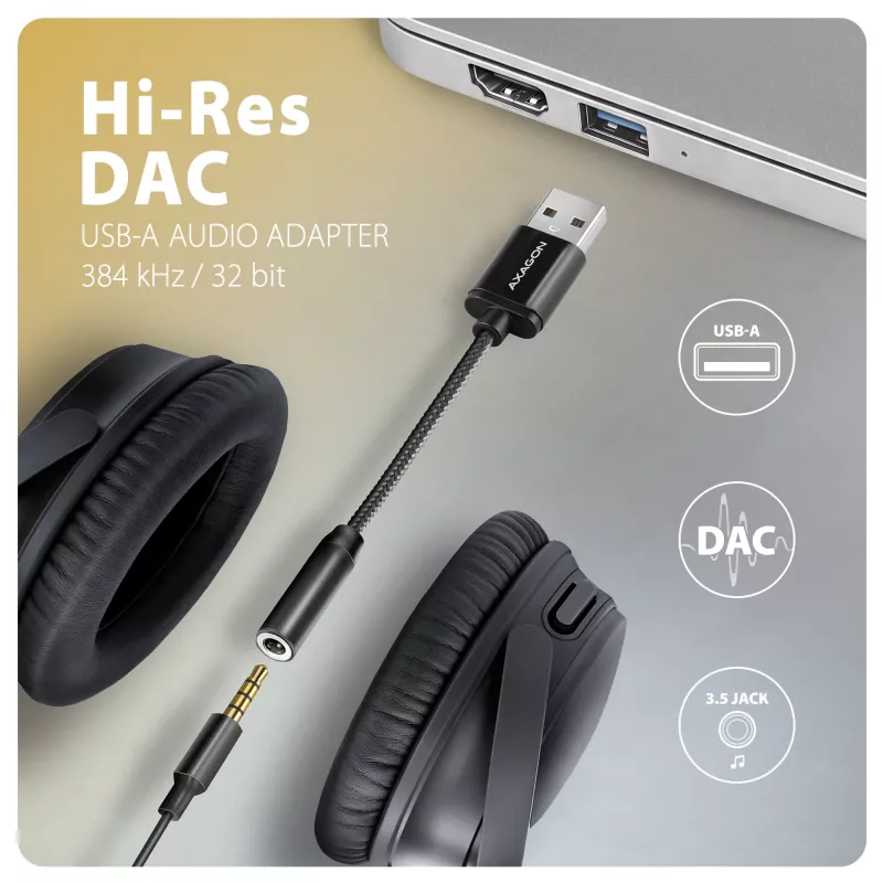 Axagon ADA-HA USB-A do złącza jack 3,5 mm Hi-Res DAC Adapter audio, 384 kHz/32 bit, stereo