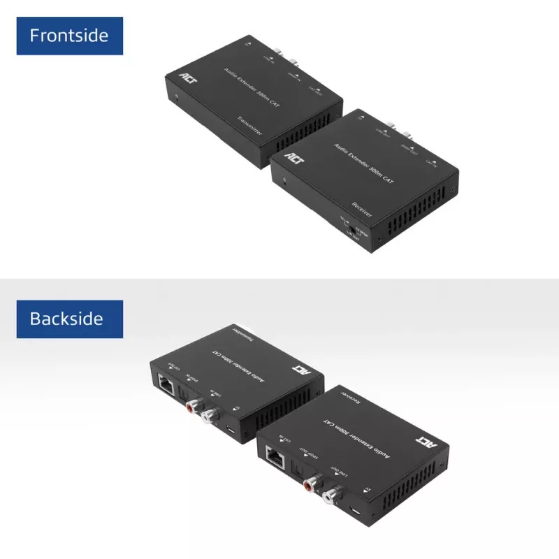 Zestaw przedłużacza audio ACT AC7710 — cyfrowo/analogowy przez Cat5e/Cat6 z DAC, wejście/wyjście TOSLINK, do 300 m, zasilany USB 5 V