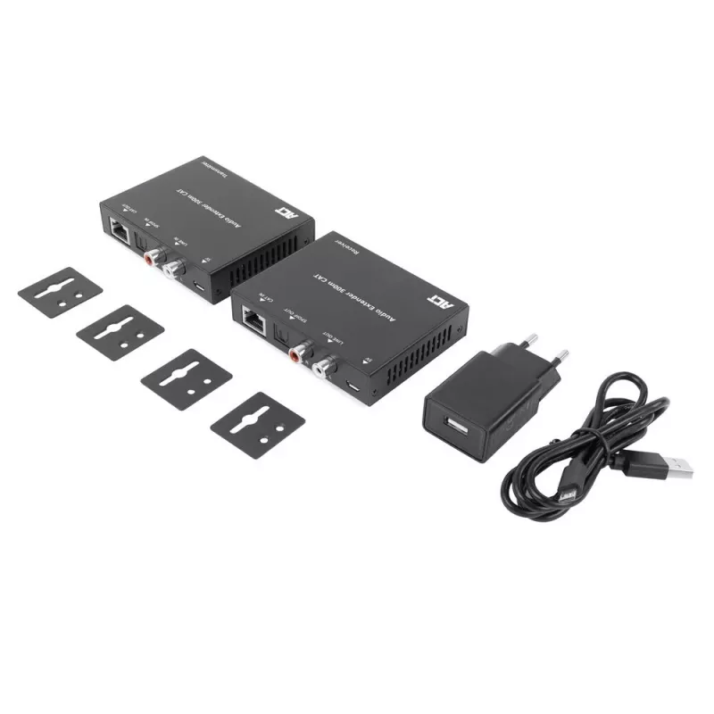 Zestaw przedłużacza audio ACT AC7710 — cyfrowo/analogowy przez Cat5e/Cat6 z DAC, wejście/wyjście TOSLINK, do 300 m, zasilany USB 5 V