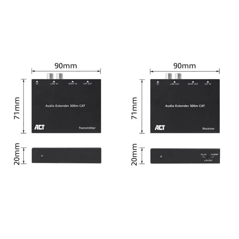 Zestaw przedłużacza audio ACT AC7710 — cyfrowo/analogowy przez Cat5e/Cat6 z DAC, wejście/wyjście TOSLINK, do 300 m, zasilany USB 5 V