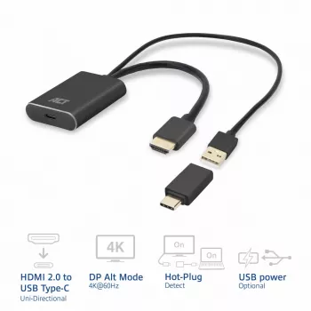 ACT Adapter HDMI na USB Typu C żeński, 4K@60Hz. Długość kabla: 0,25 m, Złącze 1: USB Typu C, Złącze 2: HDMI + USB. Ilość w opakowaniu: 1 szt.