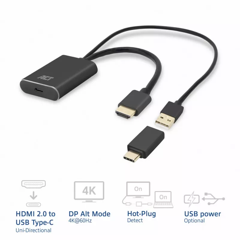 ACT Adapter HDMI na USB Typu C żeński, 4K@60Hz. Długość kabla: 0,25 m, Złącze 1: USB Typu C, Złącze 2: HDMI + USB. Ilość w opakowaniu: 1 szt.