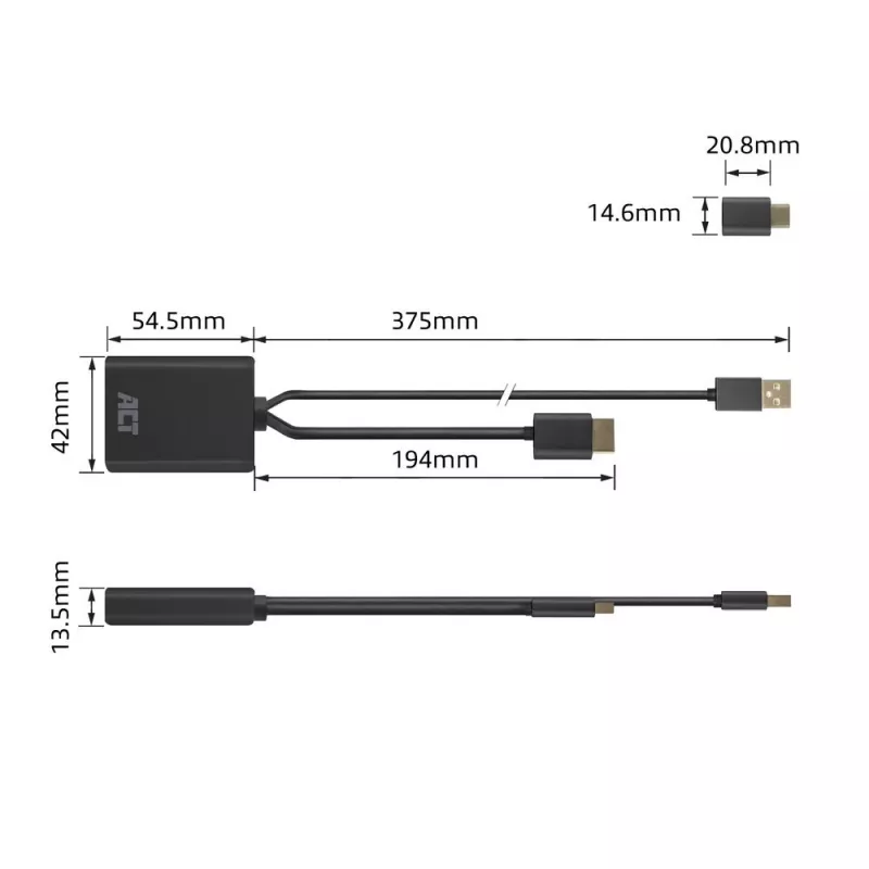 ACT Adapter HDMI na USB Typu C żeński, 4K@60Hz. Długość kabla: 0,25 m, Złącze 1: USB Typu C, Złącze 2: HDMI + USB. Ilość w opakowaniu: 1 szt.