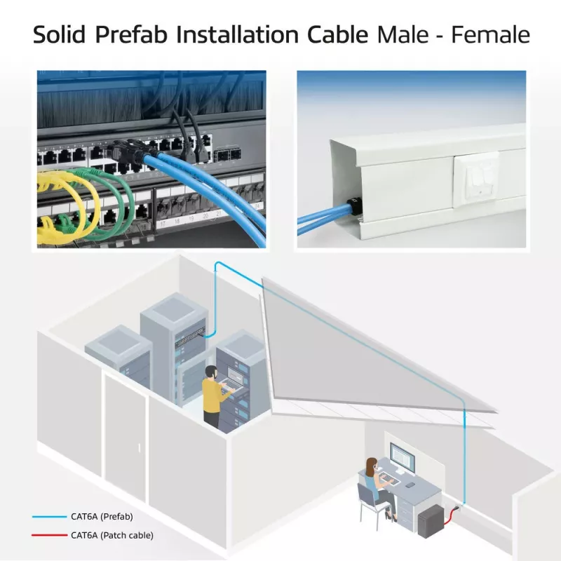 ACT Niebieski 65 metrów S/FTP CAT6A B2ca PoE++ 100W solidny prefabrykowany kabel instalacyjny, RJ45 męski – żeński