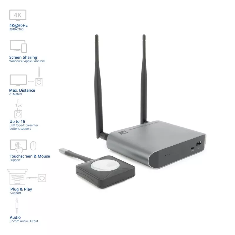 ACT Aero 4K Wireless Presentation System, Desktop, Czarny, szary, 3840 x 2160, 2160p, USB Type-C, USB