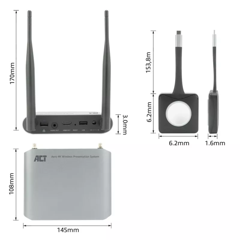ACT Aero 4K Wireless Presentation System, Desktop, Czarny, szary, 3840 x 2160, 2160p, USB Type-C, USB