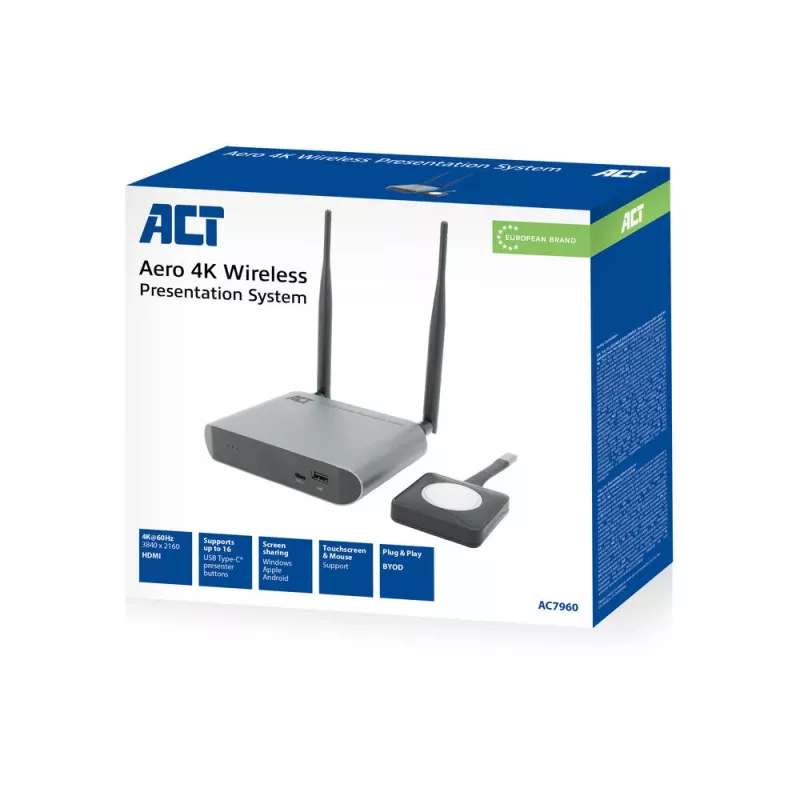 ACT Aero 4K Wireless Presentation System, Desktop, Czarny, szary, 3840 x 2160, 2160p, USB Type-C, USB