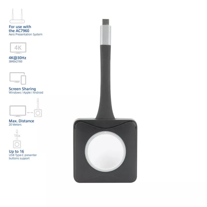 ACT Aero 4K Presenter Button, Zestaw przycisków, Czarny, 1 szt., 3840 x 2160, Aero 4K Wireless Presentation System, 0 - 40 °C