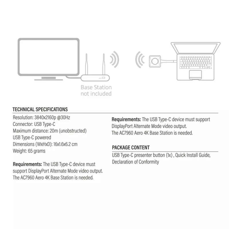 ACT Aero 4K Presenter Button, Zestaw przycisków, Czarny, 1 szt., 3840 x 2160, Aero 4K Wireless Presentation System, 0 - 40 °C