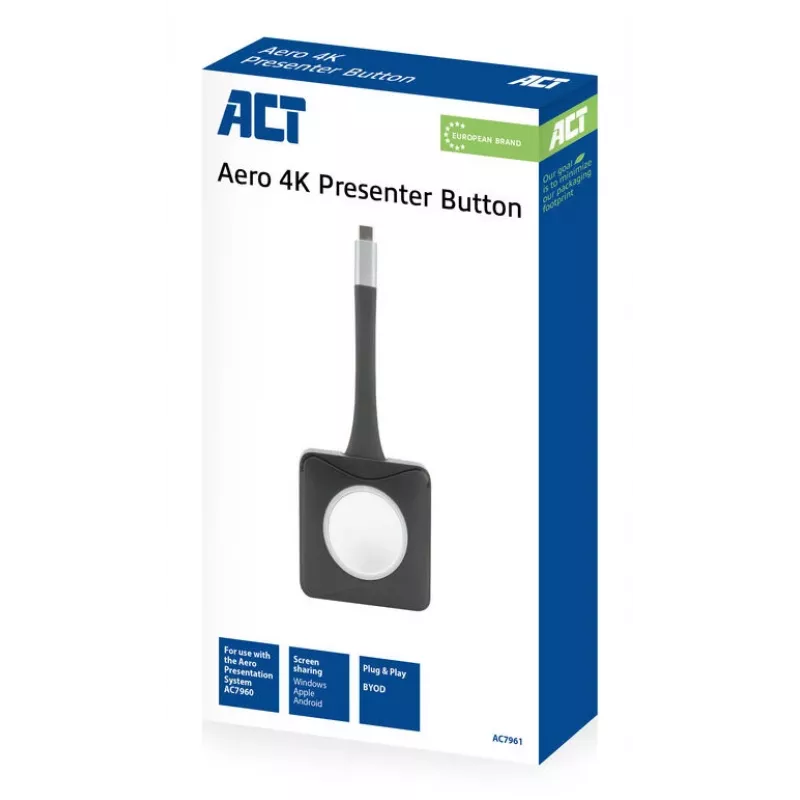 ACT Aero 4K Presenter Button, Zestaw przycisków, Czarny, 1 szt., 3840 x 2160, Aero 4K Wireless Presentation System, 0 - 40 °C