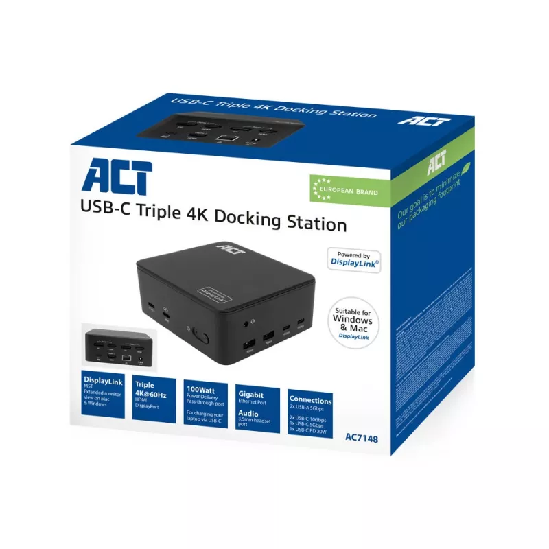 Uniwersalna stacja dokująca ACT USB-C 4K, do 3 monitorów HDMI/DisplayPort, DisplayLink