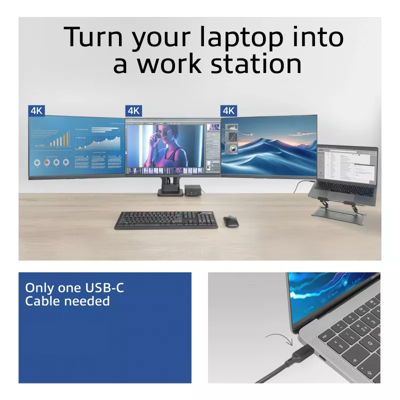 Uniwersalna stacja dokująca ACT USB-C 4K, do 3 monitorów HDMI/DisplayPort, DisplayLink