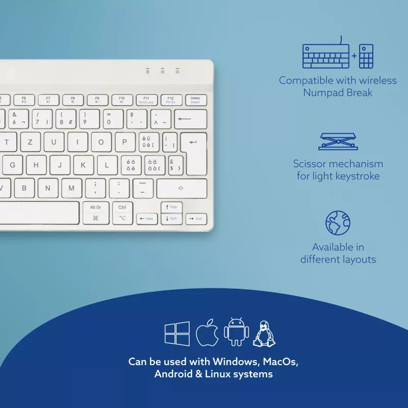 R-Go Tools Ergonomiczna klawiatura R-Go Compact Break, kompaktowa klawiatura z oprogramowaniem do przerw, QWERTZ (CH), Bluetooth, biała