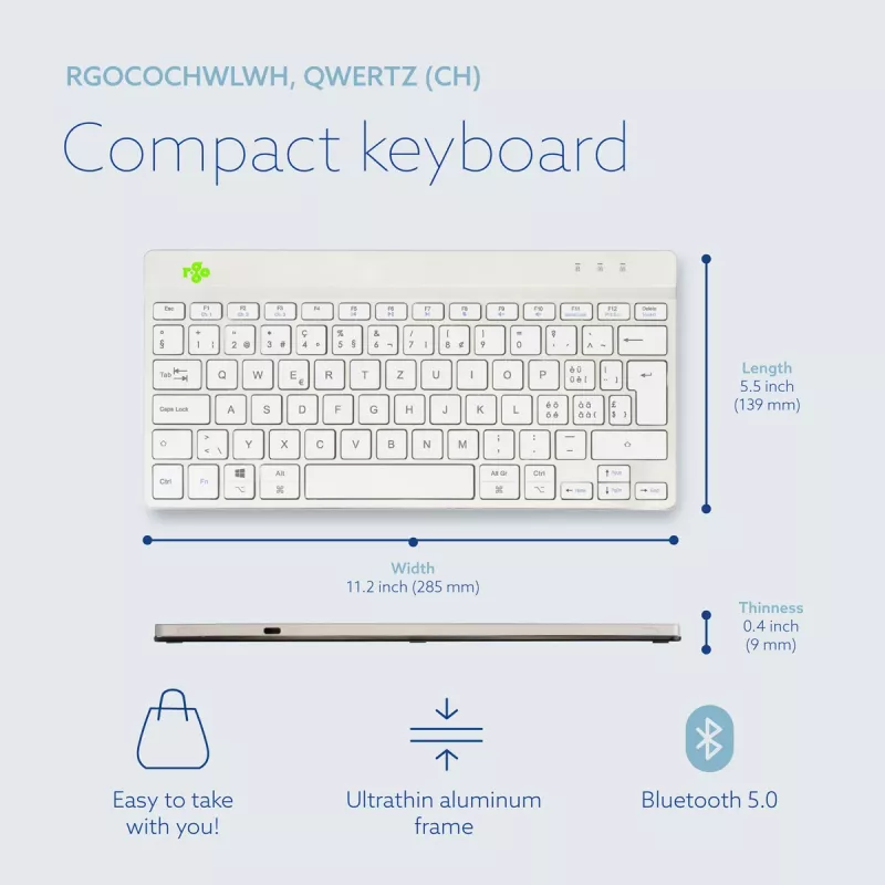 R-Go Tools Ergonomiczna klawiatura R-Go Compact Break, kompaktowa klawiatura z oprogramowaniem do przerw, QWERTZ (CH), Bluetooth, biała