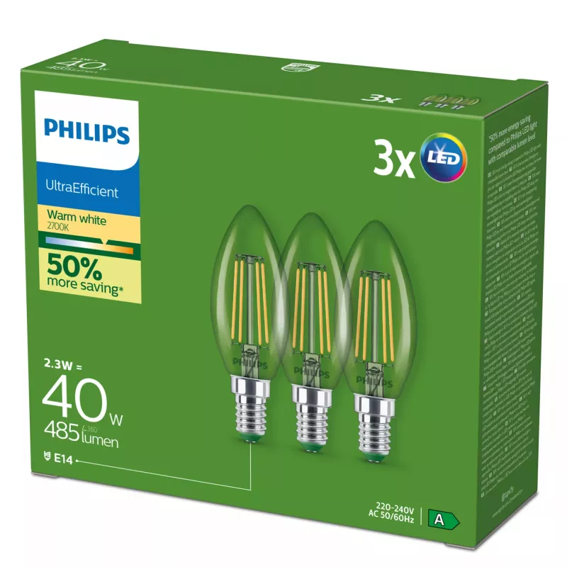 Philips Filament Candle Clear 40 W B35 E14 x3, 2,3 W, 40 W, E14, 485 lm, 50000 h, ciepła biel