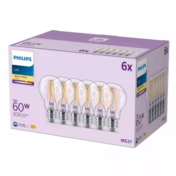 Philips żarówka filamentowa przezroczysta 60 W A60 E27 x6, 7 W, 60 W, E27, 806 lm, 15000 h