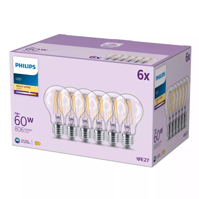 Philips żarówka filamentowa przezroczysta 60 W A60 E27 x6, 7 W, 60 W, E27, 806 lm, 15000 h