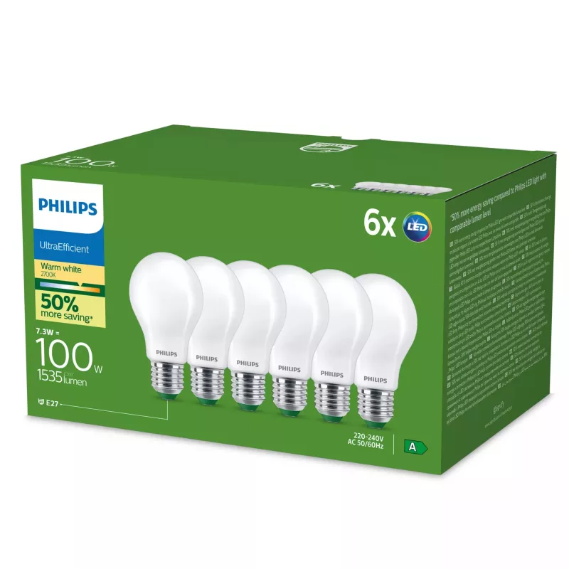 Philips Ultrawydajna lampa LED E27 A60, 7,3 W (odpowiednik 100 W), 2700 K, 6-pak