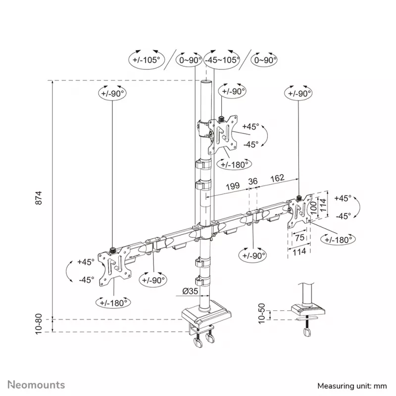 Neomounts DS60-600BL2-1 Potrójny uchwyt do monitora 10-32 cale, zacisk/przelotka, 9 kg, 25,4 cm (10 cali), 81,3 cm (32 cale), 100 x 100 mm, czarny