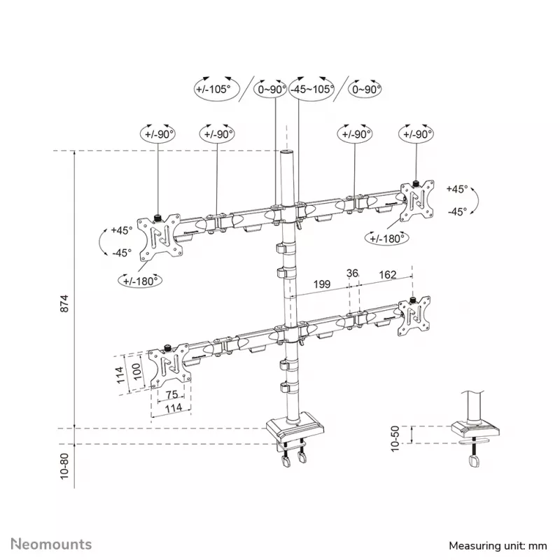 Poczwórne ramię do monitorów Neomounts DS60-600BL2-2 do ekranów 10–32 cale, VESA 75x75–100x100, maks. obciążenie 8 kg, obejma/przepust, czarny