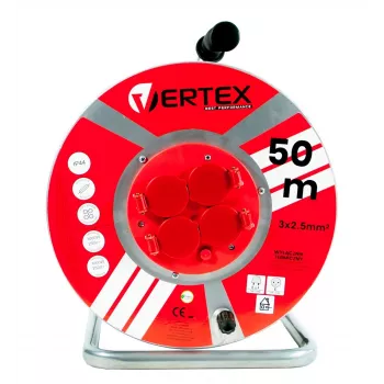Przedłużacz VERTEX PB50METAL 50 m 3x2,5 mm² 3000 W, 4x gniazda Typ E/F, IP44, wtyczka Typ F, włącznik/wyłącznik