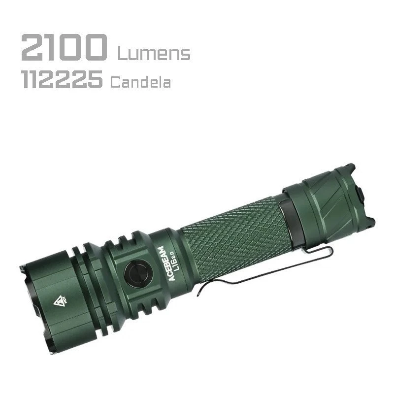 Latarka ręczna AceBeam L16 2.0 zielony — akumulatorowa 21700 Li‑Ion, 5000 mAh, do 2100 lm, IP68, 7 poziomów jasności