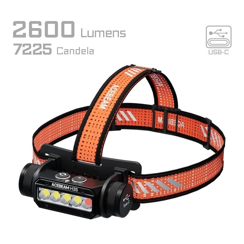Opaska czołowa AceBeam H35 — latarka czołowa LED, maks. 2600 lm, zasięg 170 m, IP68, akumulator 18650 3800 mAh, czas pracy do 216 h