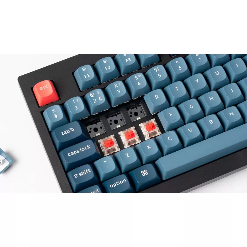 V5 Max, klawiatura gamingowa czarno-niebiesko-szara, układ DE, Gateron Jupiter Banana, Hot-Swap, RGB