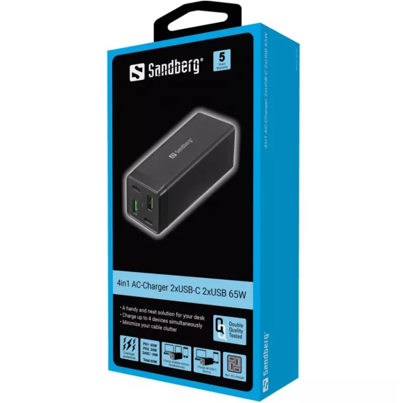 Zasilacz SANDBERG - 65 W - 3,25 A - PD, QC - 4 porty wyjściowe (2 x USB, 2 x USB-C)