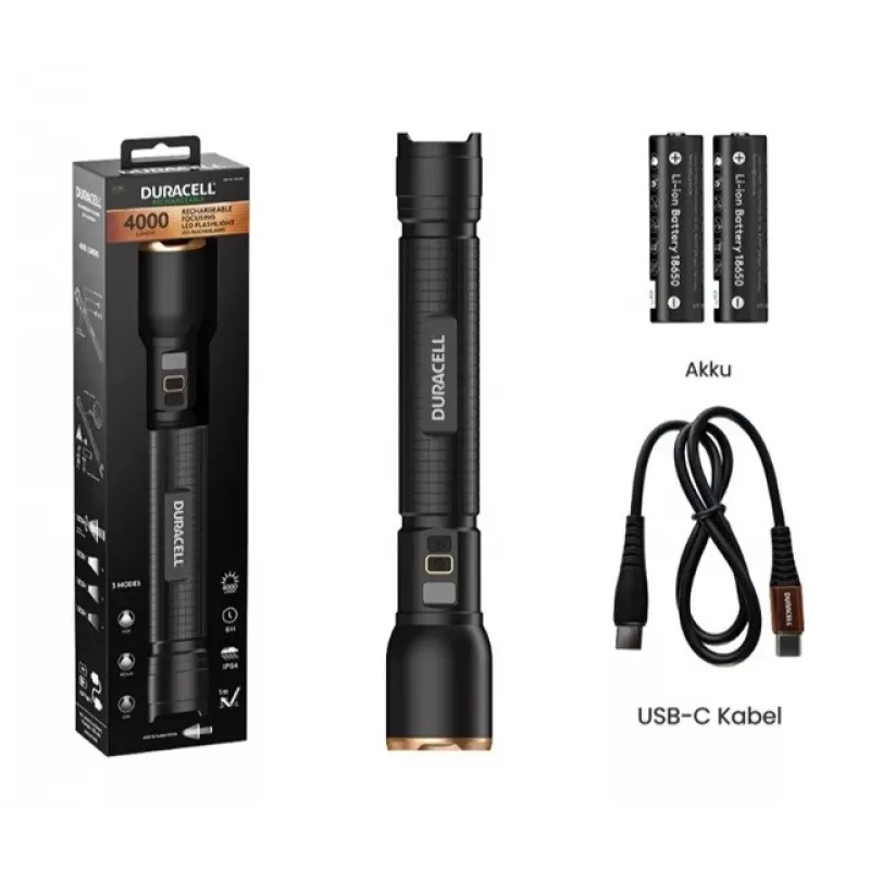 Latarka Duracell DF4000R czarna — ręczna latarka akumulatorowa, kompaktowa konstrukcja