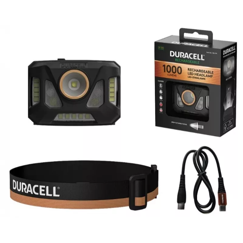 Lampa czołowa Duracell DH1000R — czarno-pomarańczowa, akumulatorowa, do pracy bez użycia rąk
