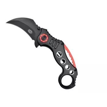 Nóż kieszonkowy Karambit SCK K29 — konstrukcja z nieruchomym ostrzem, czarno-czerwona rękojeść