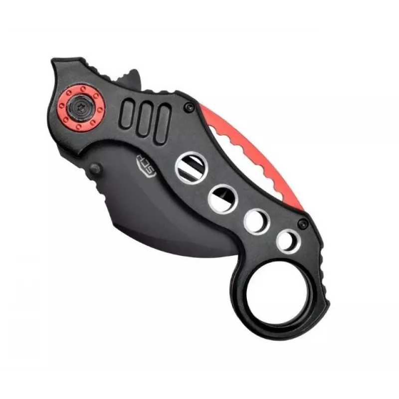Nóż kieszonkowy Karambit SCK K29 — konstrukcja z nieruchomym ostrzem, czarno-czerwona rękojeść