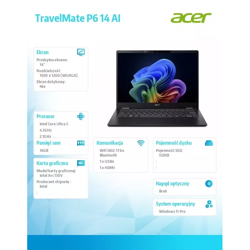 Laptop Acer TravelMate P6 14 AI TMP614-54T z procesorem Intel Ultra 5, 16 GB RAM, 512 GB SSD, Windows 11 Pro, baterią 226 V