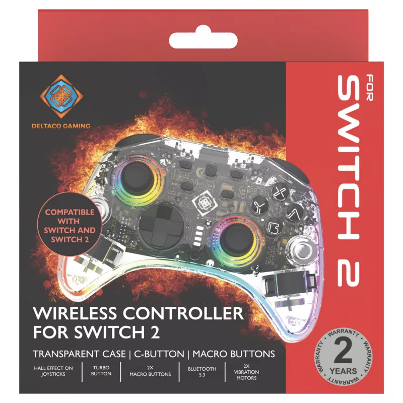 Gamepad Deltaco Gaming GAM-198-T Transparent Bluetooth/USB USB-C dla Nintendo Switch, Switch 2, Switch OLED, Android, PC