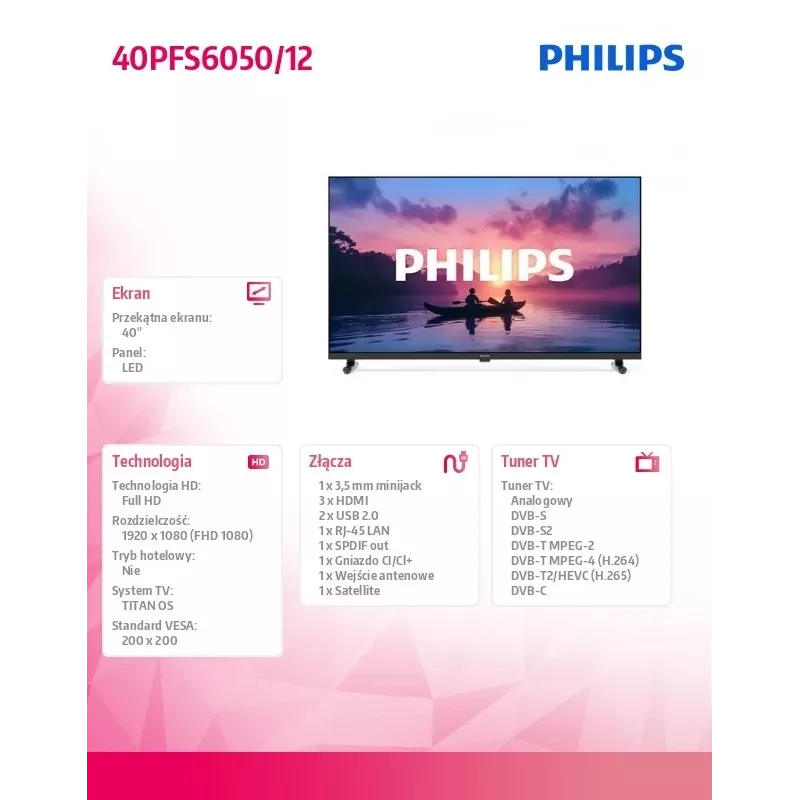Philips 40PFS6050/12 40-calowy telewizor Full HD LED Smart TV z systemem Titan OS
