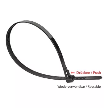 Wiederverwendbarer Kabelbinder 150 mm x 7,2 mm, schwarz, UV-resistent, -40 °C bis +85 °C, 100 Stück (KAB-R15S72)