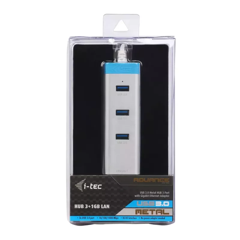 Hub USB 3.0 z Gigabit Ethernet ITEC U3GLAN3HUB — 3-portowy hub metalowy, VIA VL812 + Realtek RTL8153, srebrny