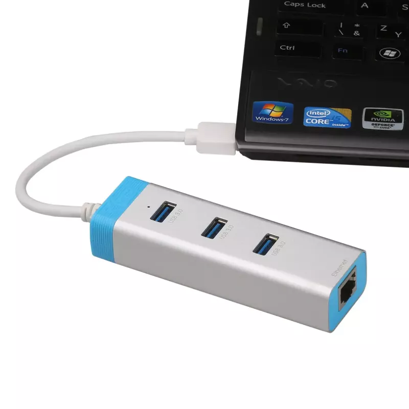 Hub USB 3.0 z Gigabit Ethernet ITEC U3GLAN3HUB — 3-portowy hub metalowy, VIA VL812 + Realtek RTL8153, srebrny