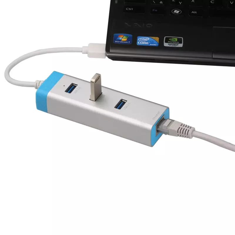 Hub USB 3.0 z Gigabit Ethernet ITEC U3GLAN3HUB — 3-portowy hub metalowy, VIA VL812 + Realtek RTL8153, srebrny