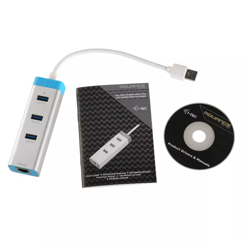 Hub USB 3.0 z Gigabit Ethernet ITEC U3GLAN3HUB — 3-portowy hub metalowy, VIA VL812 + Realtek RTL8153, srebrny