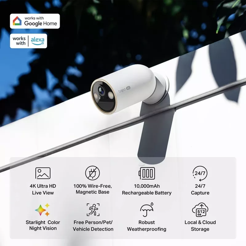 TP-Link Tapo Bezprzewodowa Wewnętrzna/Zewnętrzna Kamera Bezpieczeństwa SPEC: 4K UHD (3840x2160), Obsługa H.265/H.264, 16-krotny Cyfrowy Zoom UHD, Dwuzakresowe Wi-Fi 2,4/5 GHz, Wbudowany Akumulator Litowo-Jonowy 10000 mAh