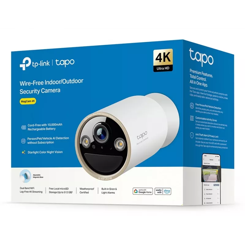 TP-Link Tapo Bezprzewodowa Wewnętrzna/Zewnętrzna Kamera Bezpieczeństwa SPEC: 4K UHD (3840x2160), Obsługa H.265/H.264, 16-krotny Cyfrowy Zoom UHD, Dwuzakresowe Wi-Fi 2,4/5 GHz, Wbudowany Akumulator Litowo-Jonowy 10000 mAh