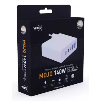 Verico MOJO GaN 140W wieloportowa szybka ładowarka USB-C i USB-A do laptopów, smartfonów i tabletów, biała
