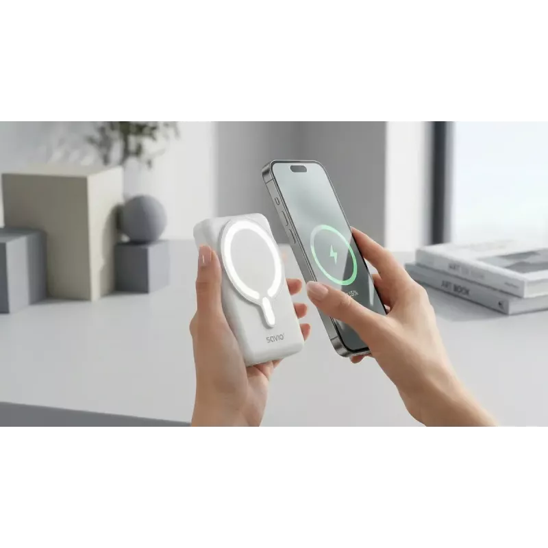 Power bank SAVIO BA-13 10000 mAh z wyjściem 20 W i ładowaniem bezprzewodowym, biały